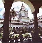 The tower of San Agustin seen from the main cloister in Quito Ecuador