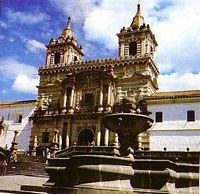 The tower of San Agustin seen from the main cloister in Quito Ecuador